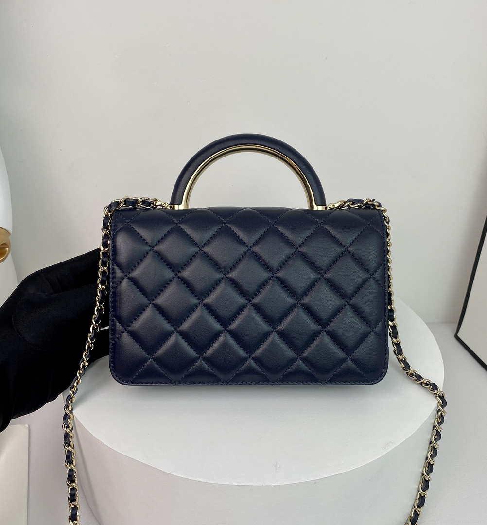 Chanel AP2844 Wallet on chain Lambskin bag with top handle Light gold Navy Blue