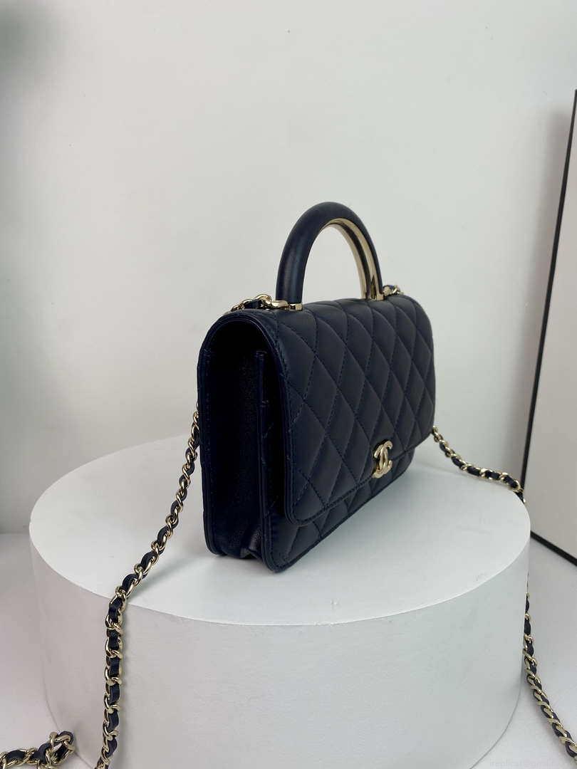 Chanel AP2844 Wallet on chain Lambskin bag with top handle Light gold Navy Blue