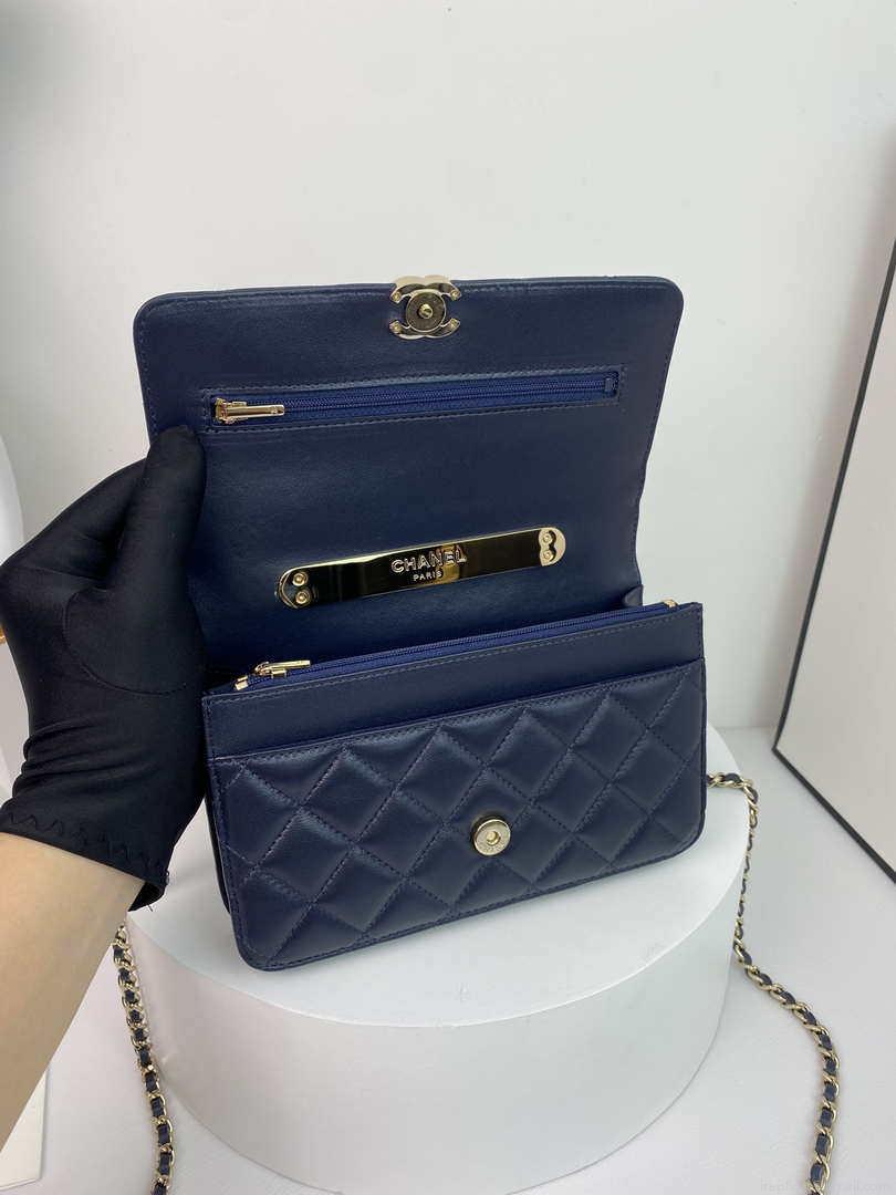 Chanel AP2844 Wallet on chain Lambskin bag with top handle Light gold Navy Blue
