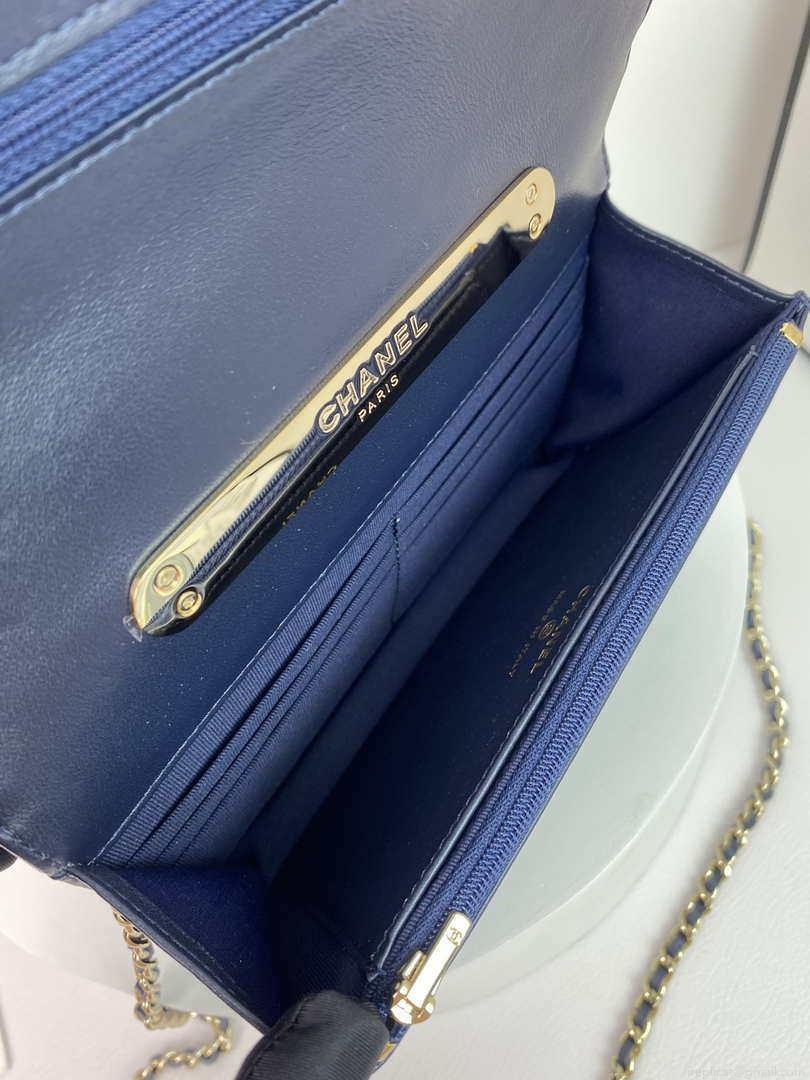 Chanel AP2844 Wallet on chain Lambskin bag with top handle Light gold Navy Blue