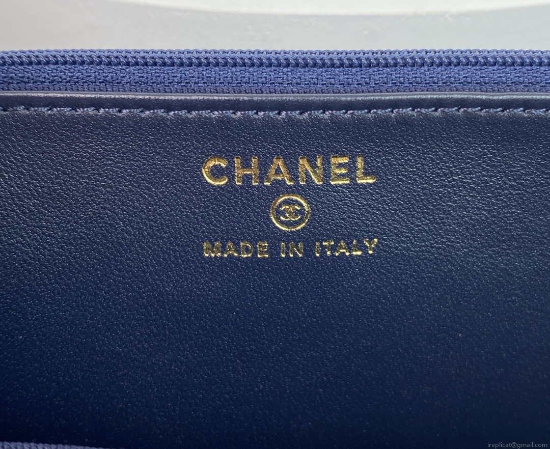 Chanel AP2844 Wallet on chain Lambskin bag with top handle Light gold Navy Blue