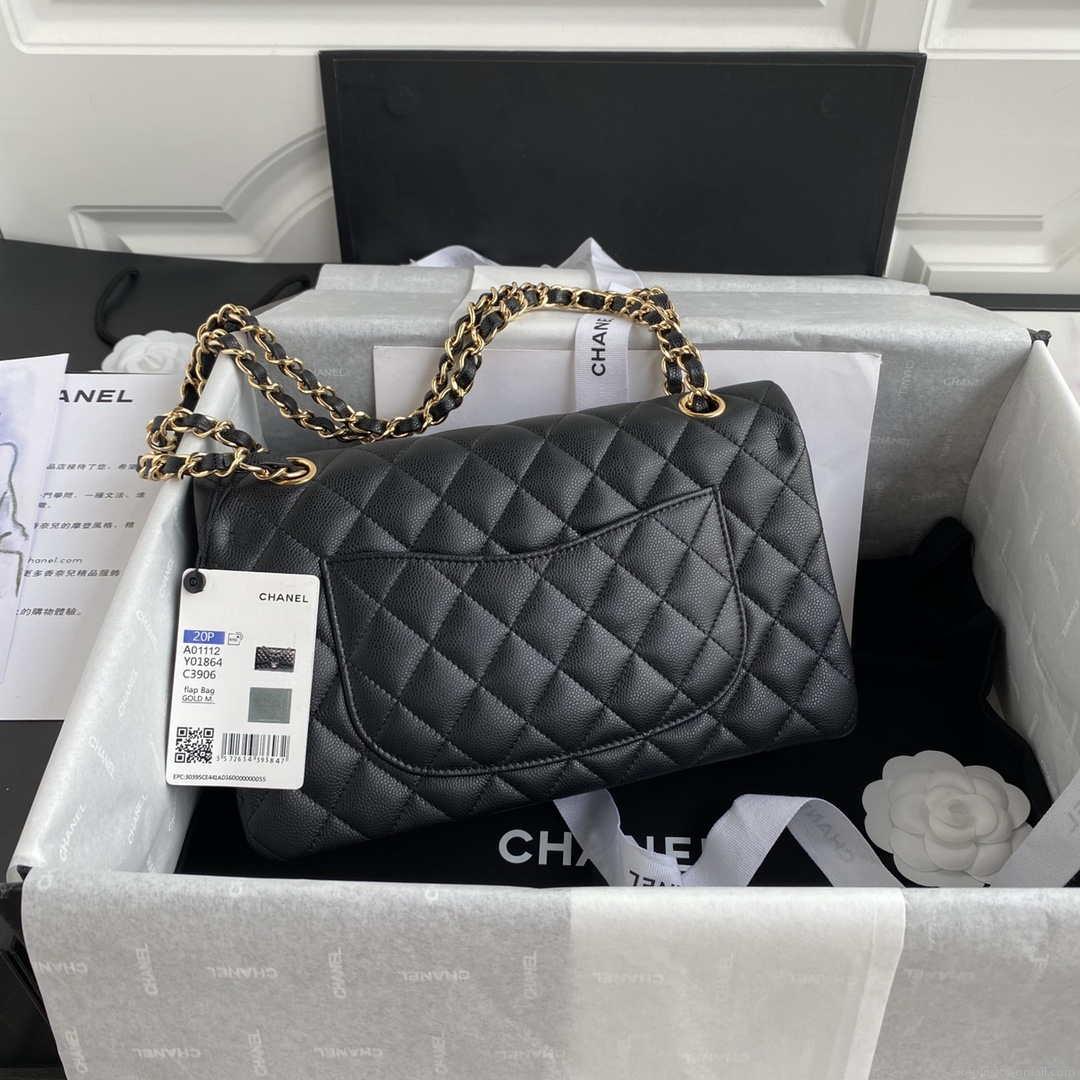 Chanel Flap Classic bag Grained shiny Calfskin Black A01112 Gold seamless edge