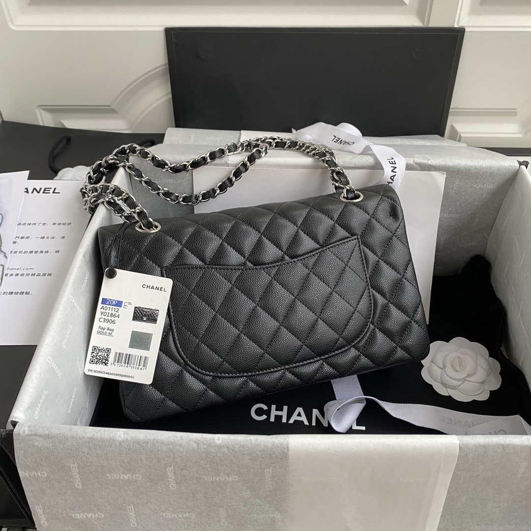 Chanel Flap Classic bag Grained shiny Calfskin Black A01112 Silver seamless edge