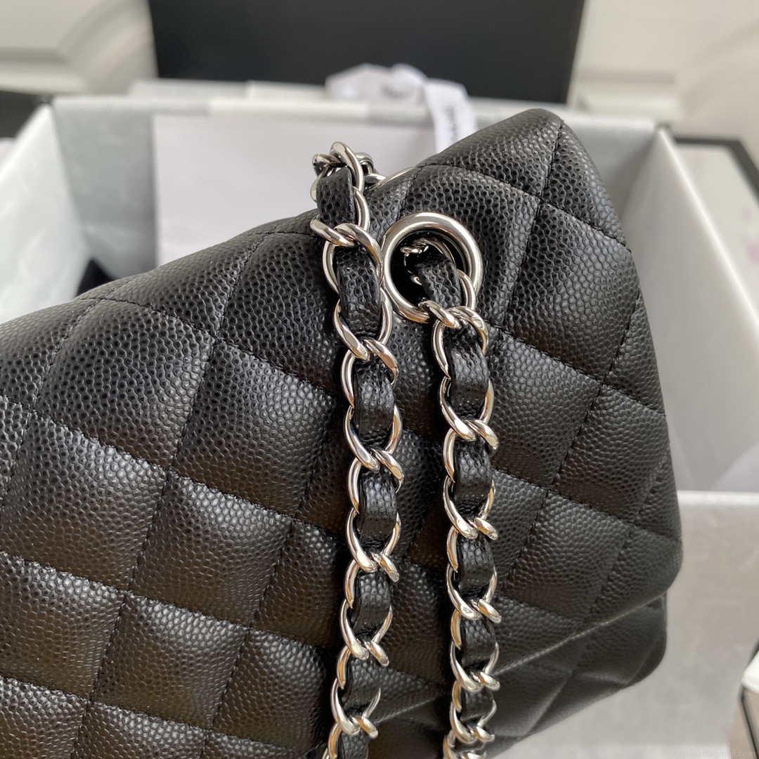 Chanel Flap Classic bag Grained shiny Calfskin Black A01112 Silver seamless edge