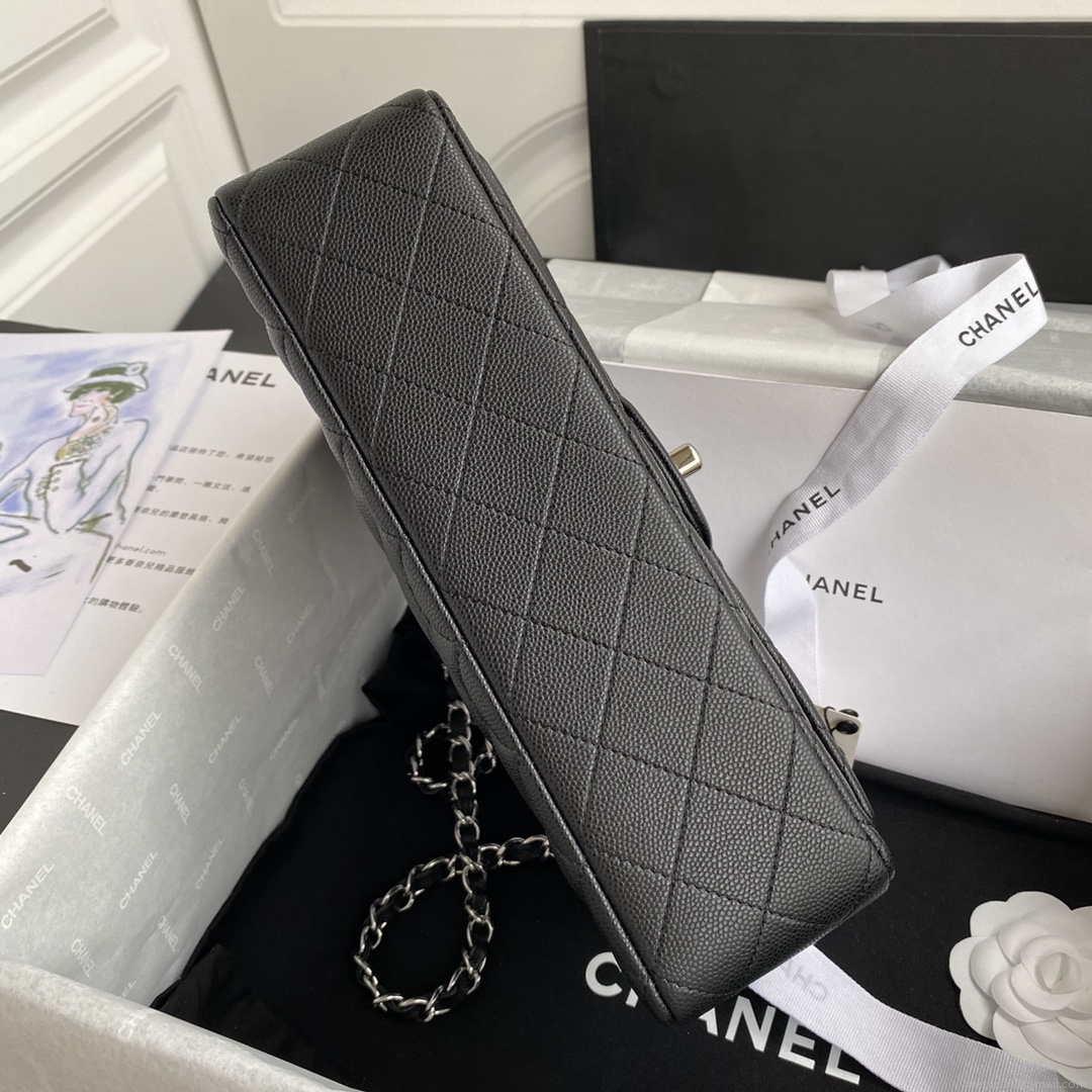 Chanel Flap Classic bag Grained shiny Calfskin Black A01112 Silver seamless edge
