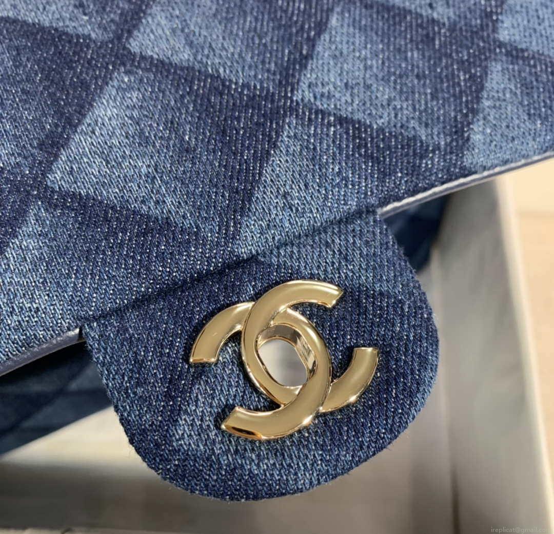 Chanel Flap Classic bag Denim Blue A01112 Gold