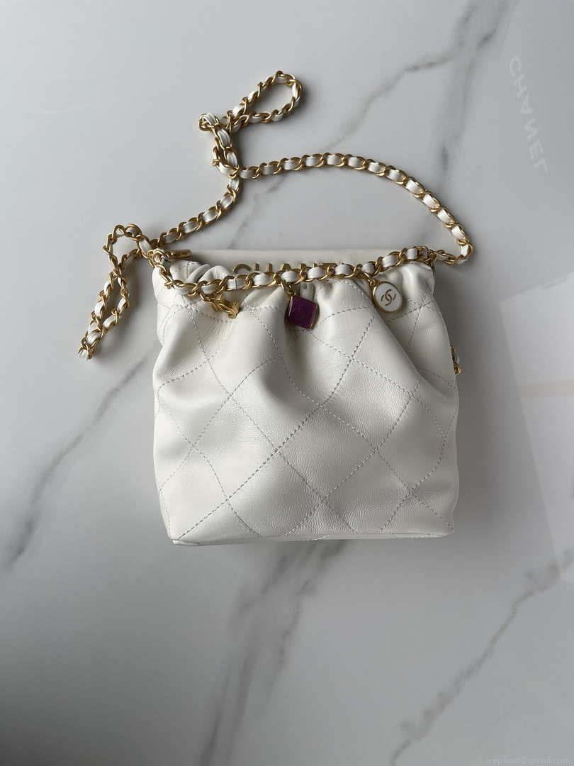 Chanel AS3793 Small Bucket Bag Lambskin Resin & Gold-Tone Metal White