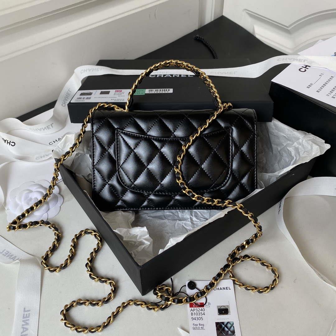 Chanel AP3240 Flap Bag With Top Handle Lambskin & Gold-Tone Metal Black
