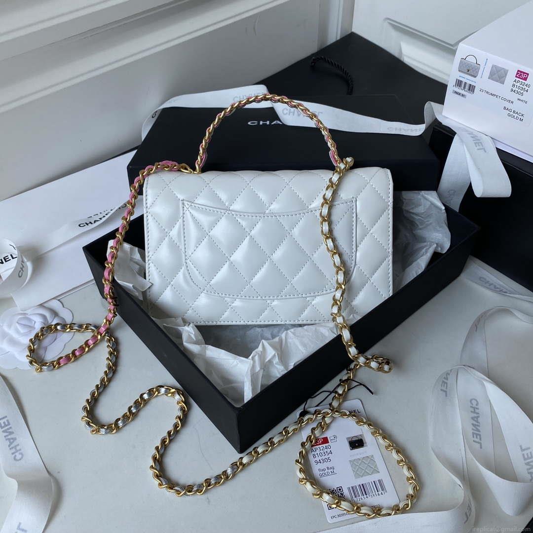 Chanel AP3240 Flap Bag With Top Handle Lambskin & Gold-Tone Metal White