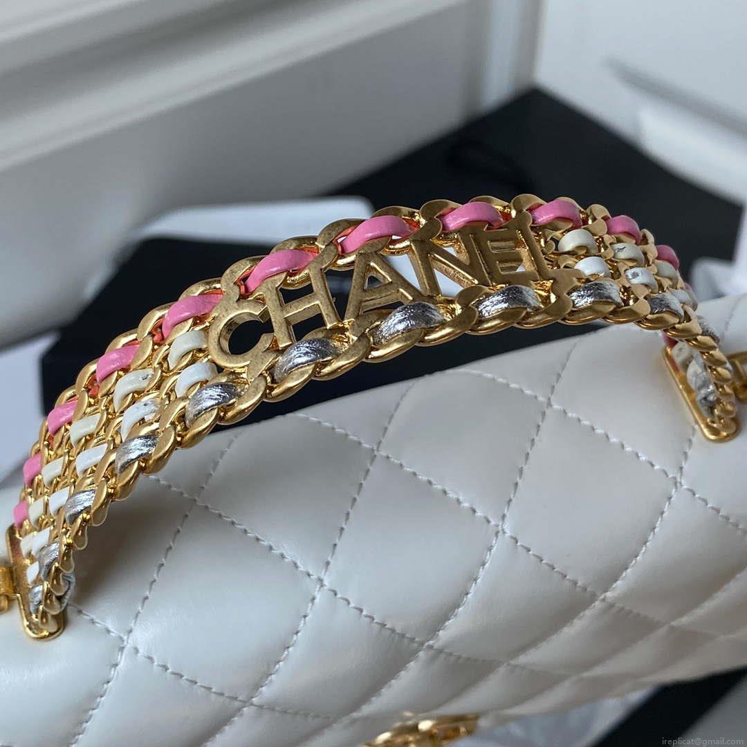 Chanel AP3240 Flap Bag With Top Handle Lambskin & Gold-Tone Metal White