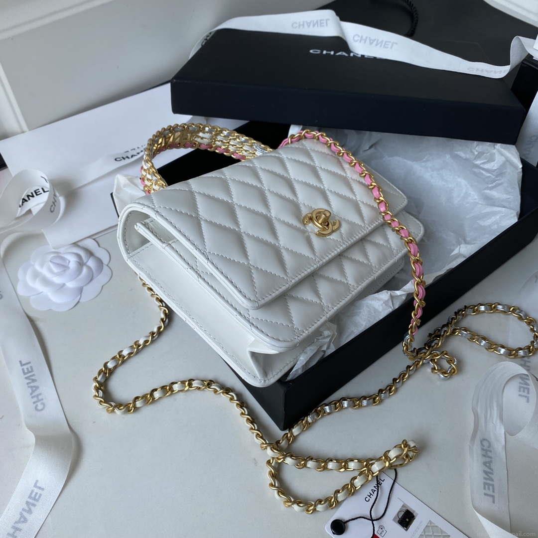 Chanel AP3240 Flap Bag With Top Handle Lambskin & Gold-Tone Metal White