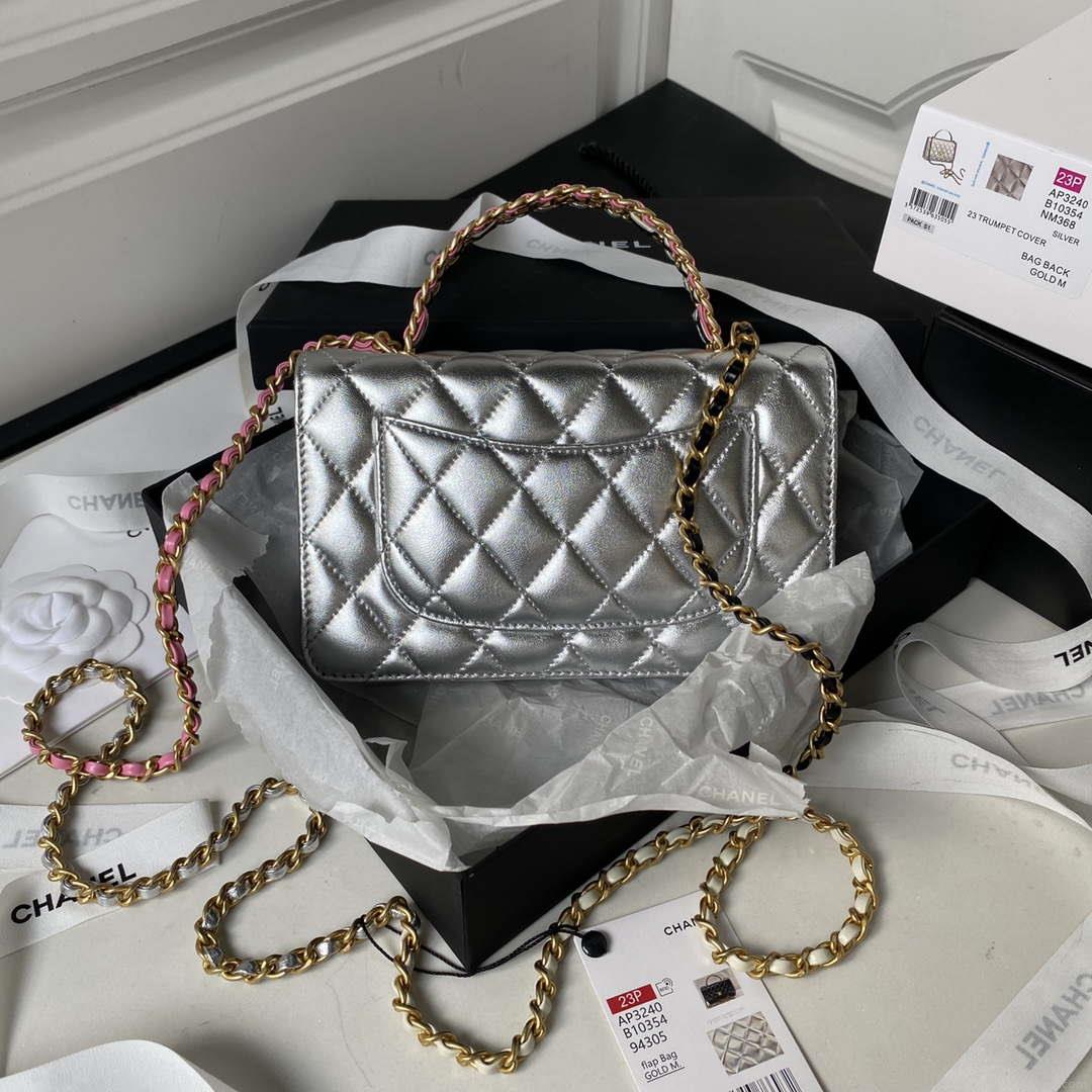 Chanel AP3240 Flap Bag With Top Handle Lambskin & Gold-Tone Metal Silver