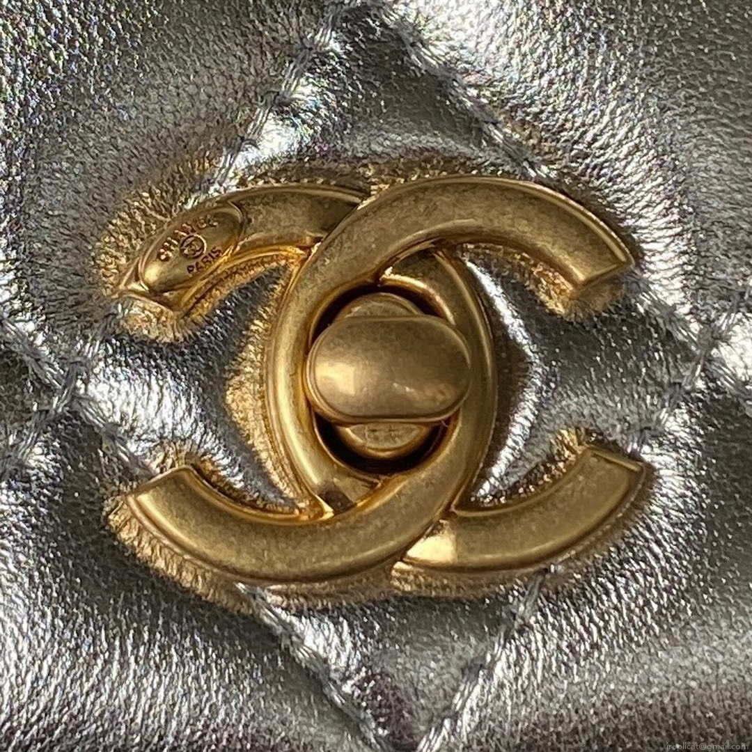 Chanel AP3240 Flap Bag With Top Handle Lambskin & Gold-Tone Metal Silver