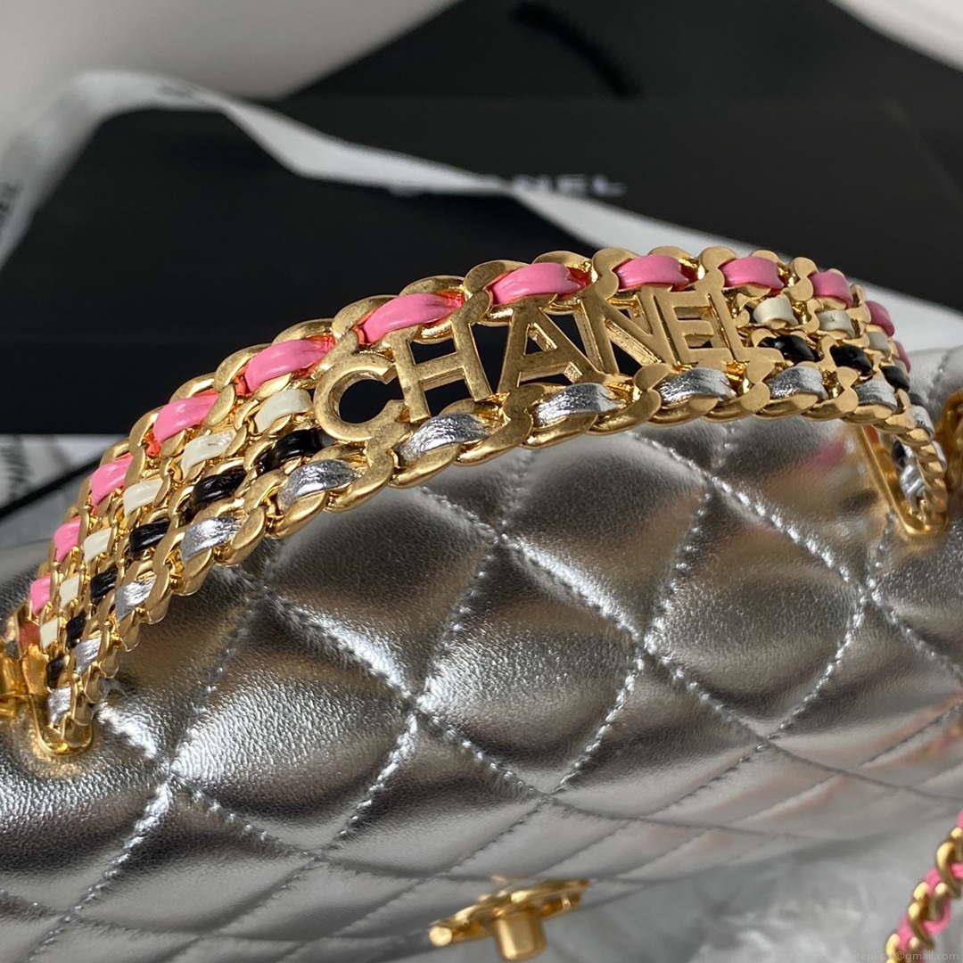 Chanel AP3240 Flap Bag With Top Handle Lambskin & Gold-Tone Metal Silver