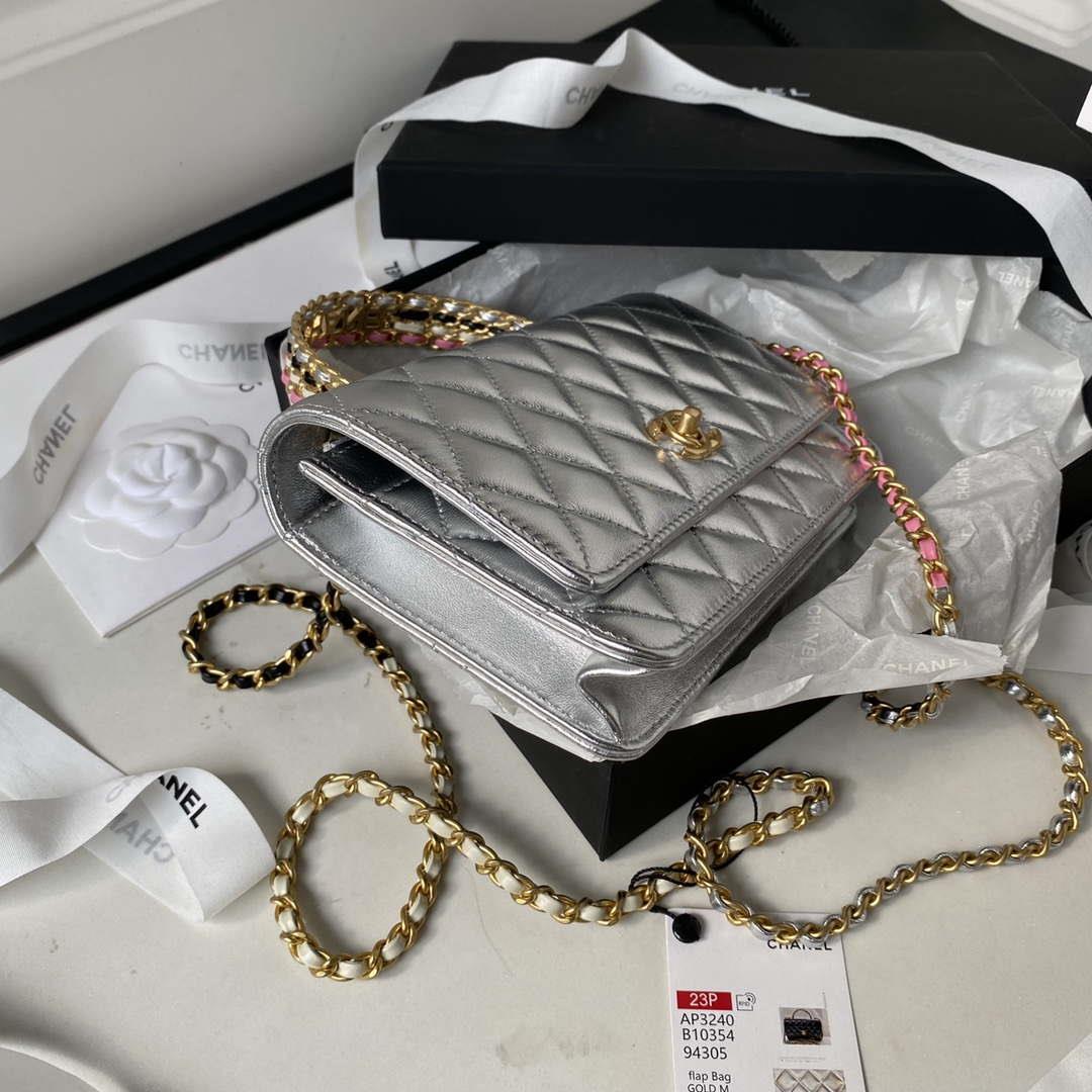 Chanel AP3240 Flap Bag With Top Handle Lambskin & Gold-Tone Metal Silver