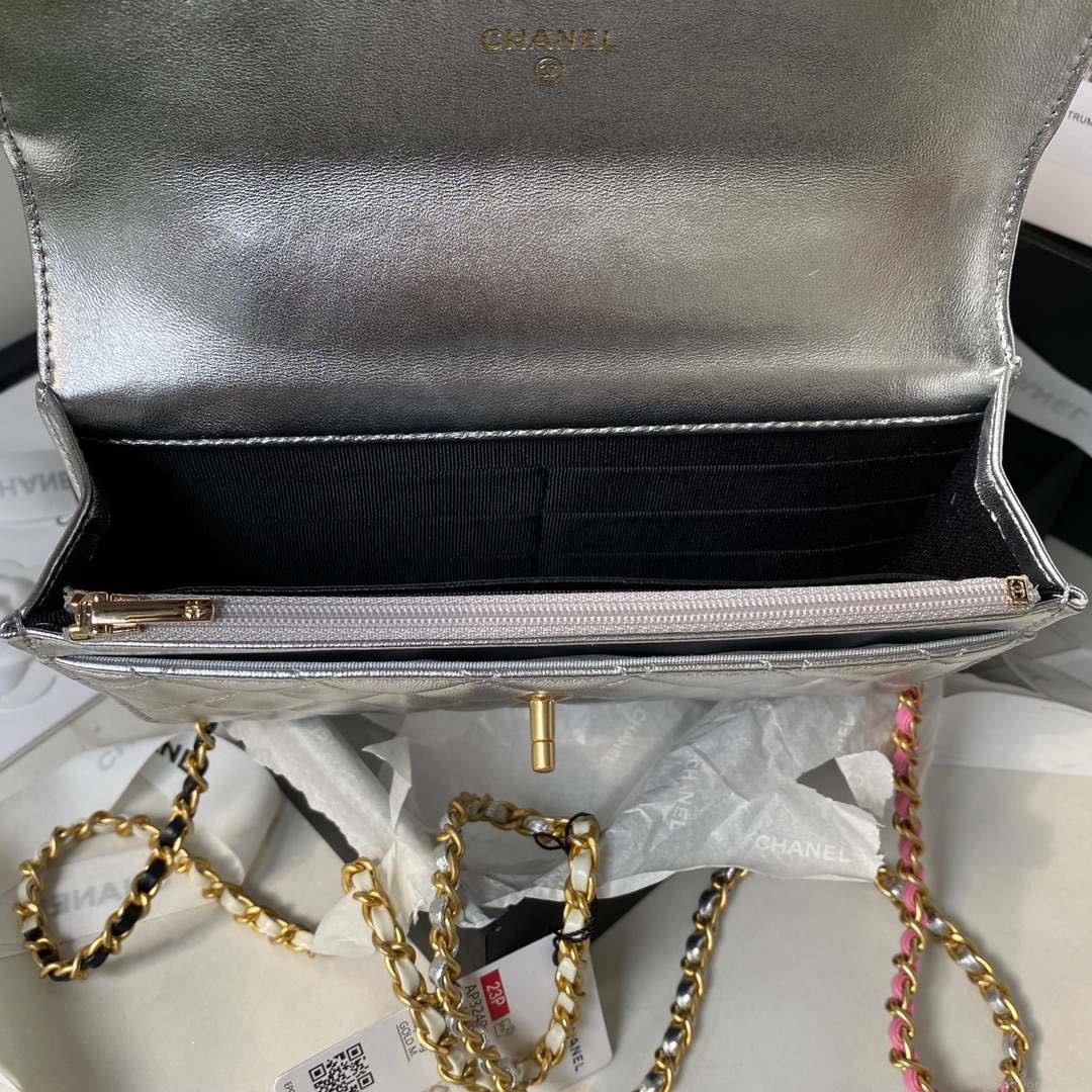 Chanel AP3240 Flap Bag With Top Handle Lambskin & Gold-Tone Metal Silver
