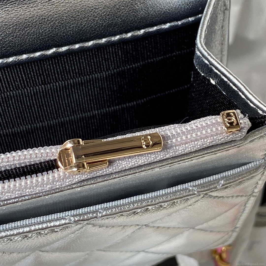 Chanel AP3240 Flap Bag With Top Handle Lambskin & Gold-Tone Metal Silver