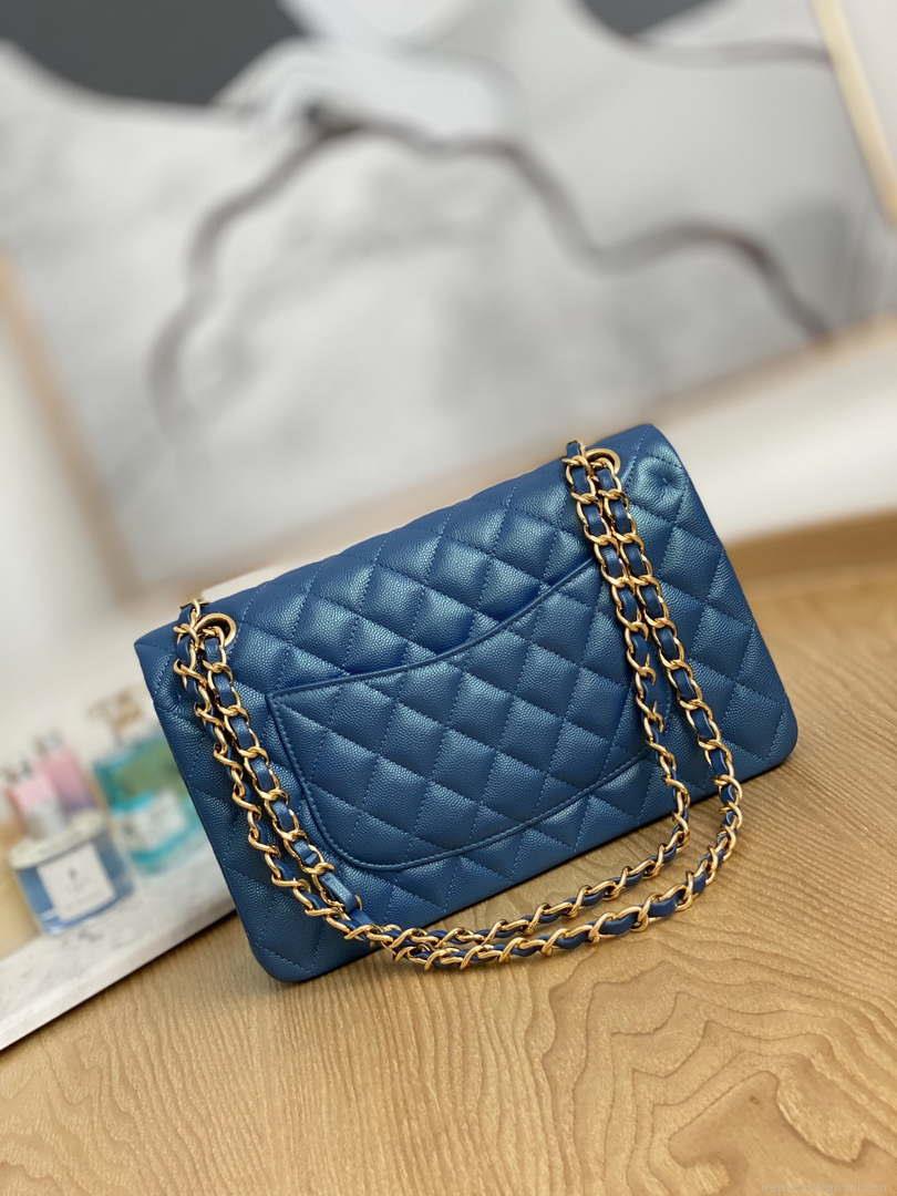 Chanel A01112 Flap Handbag Classic Grained shiny Calfskin Navy Blue Gold