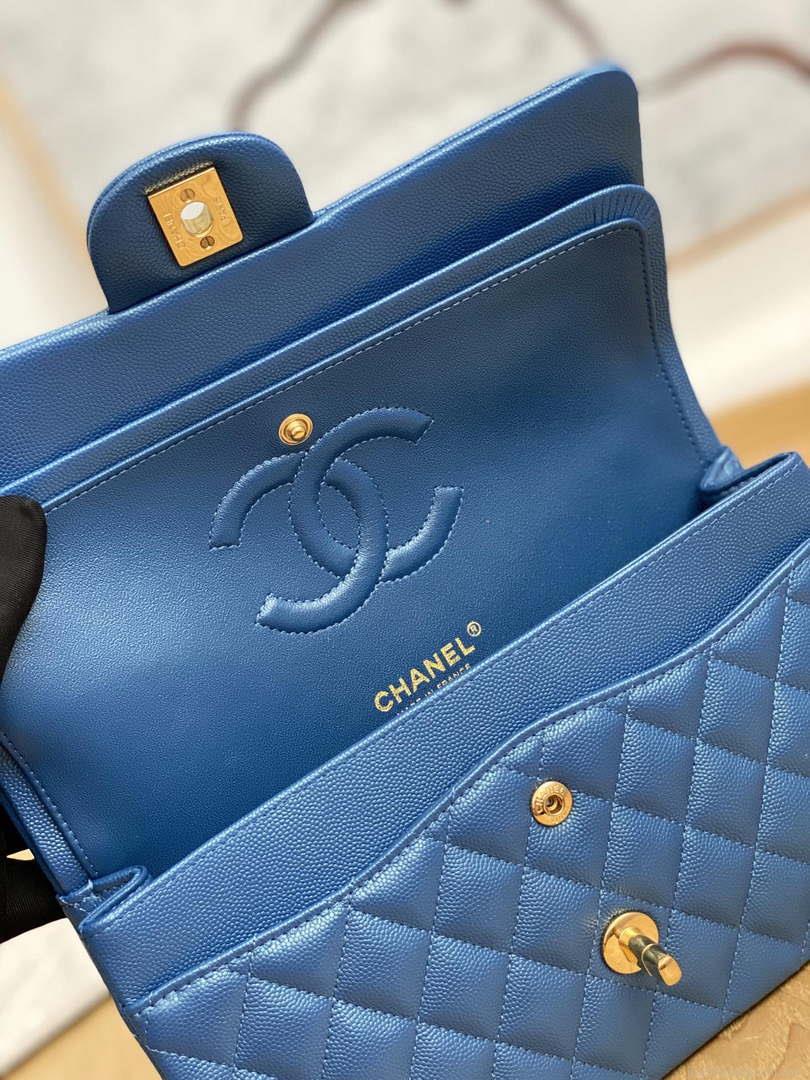 Chanel A01112 Flap Handbag Classic Grained shiny Calfskin Navy Blue Gold