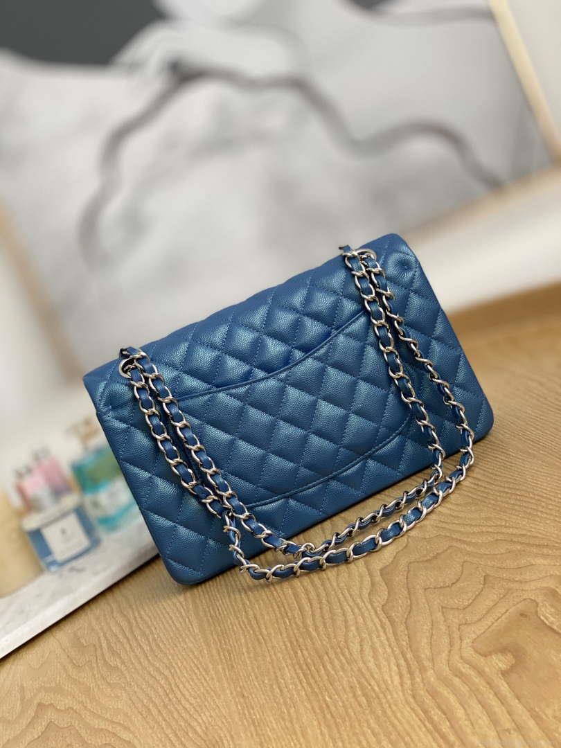 Chanel A01112 Flap Handbag Classic Grained shiny Calfskin Navy Blue Silver