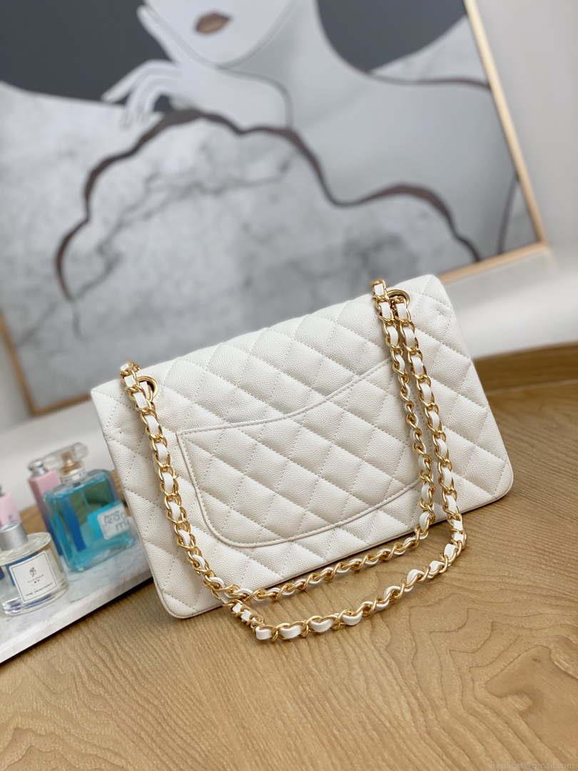 Chanel A01112 Flap Handbag Classic Grained shiny Calfskin White Gold