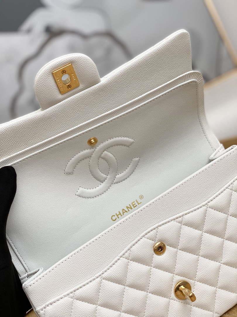 Chanel A01112 Flap Handbag Classic Grained shiny Calfskin White Gold