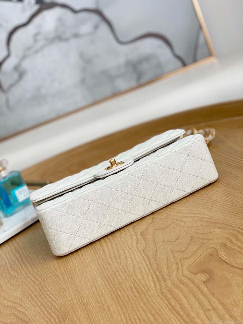 Chanel A01112 Flap Handbag Classic Grained shiny Calfskin White Gold
