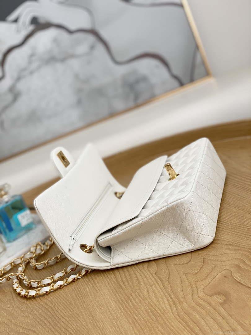 Chanel A01112 Flap Handbag Classic Grained shiny Calfskin White Gold
