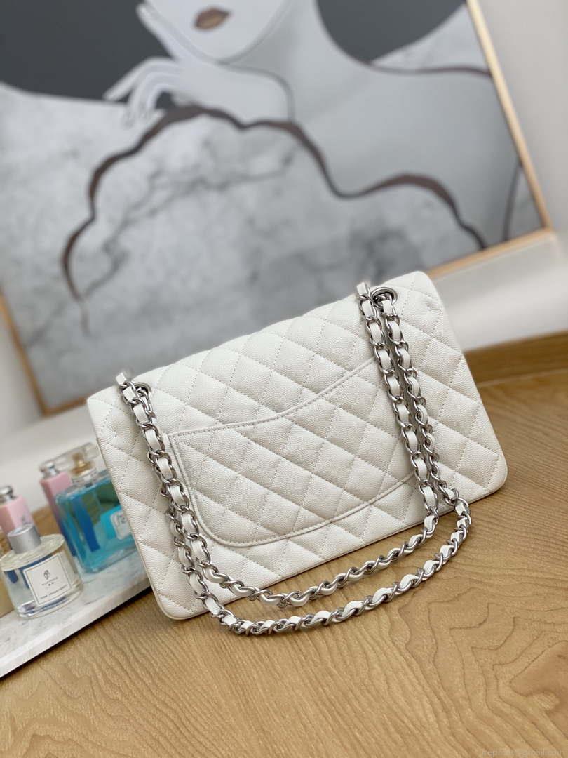 Chanel A01112 Flap Handbag Classic Grained shiny Calfskin White Silver