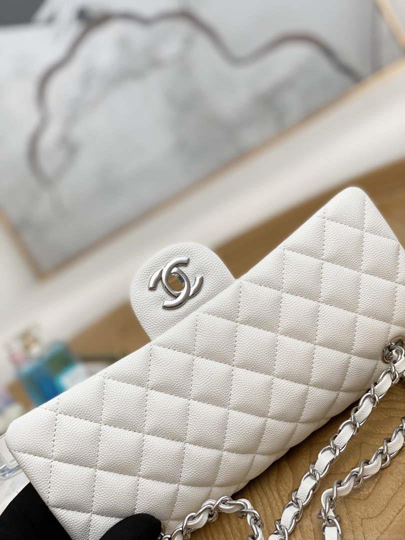 Chanel A01112 Flap Handbag Classic Grained shiny Calfskin White Silver