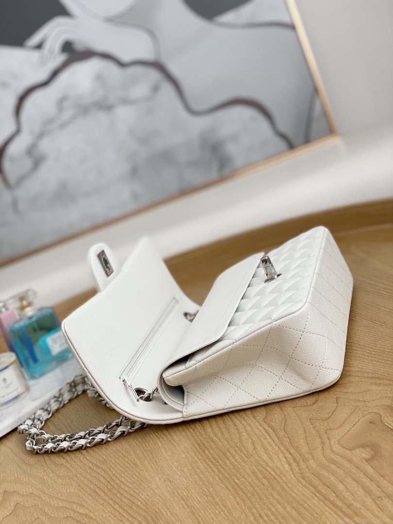 Chanel A01112 Flap Handbag Classic Grained shiny Calfskin White Silver