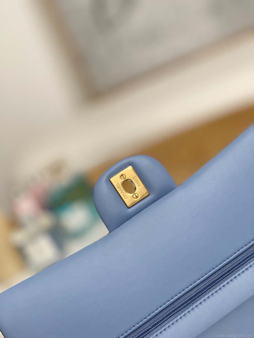 Chanel A01112 Flap Classic Bag Lambskin Light Blue Gold