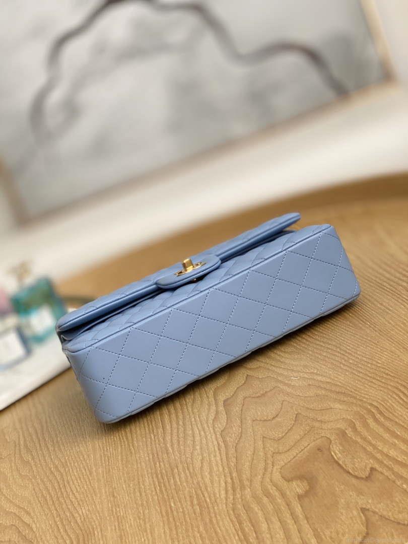 Chanel A01112 Flap Classic Bag Lambskin Light Blue Gold