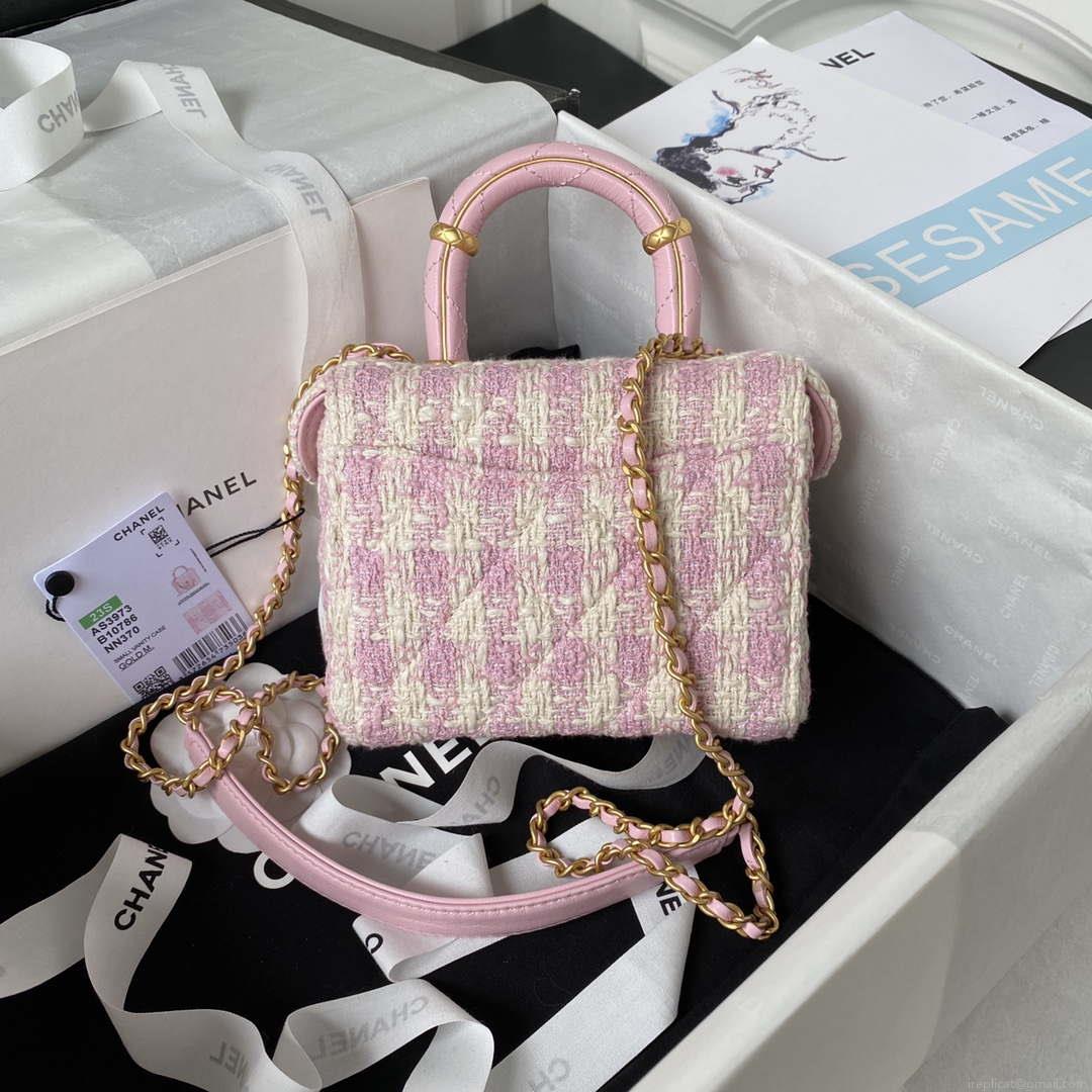 Chanel AS3973 Small Vanity Case Tweed Lambskin & Gold Metal Pink & Ecru