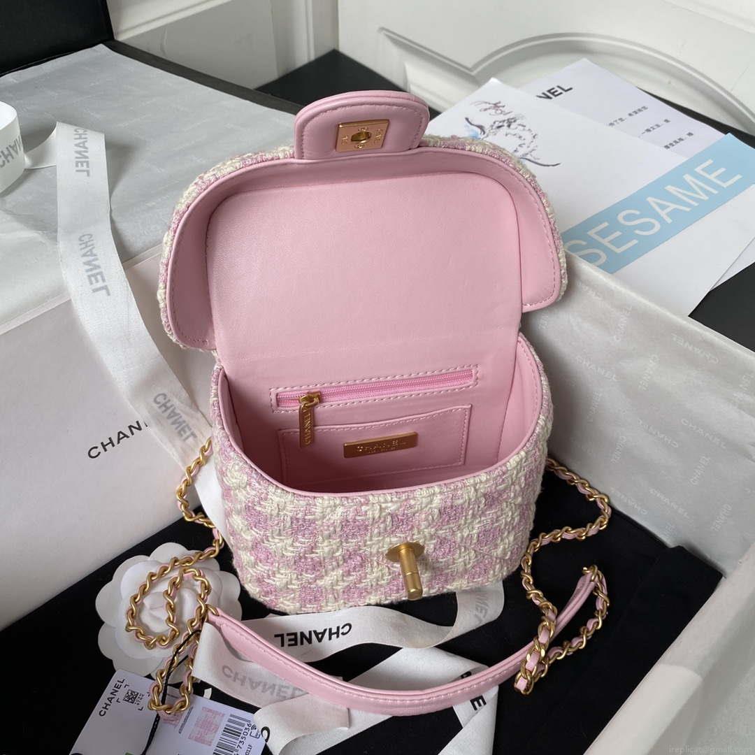 Chanel AS3973 Small Vanity Case Tweed Lambskin & Gold Metal Pink & Ecru