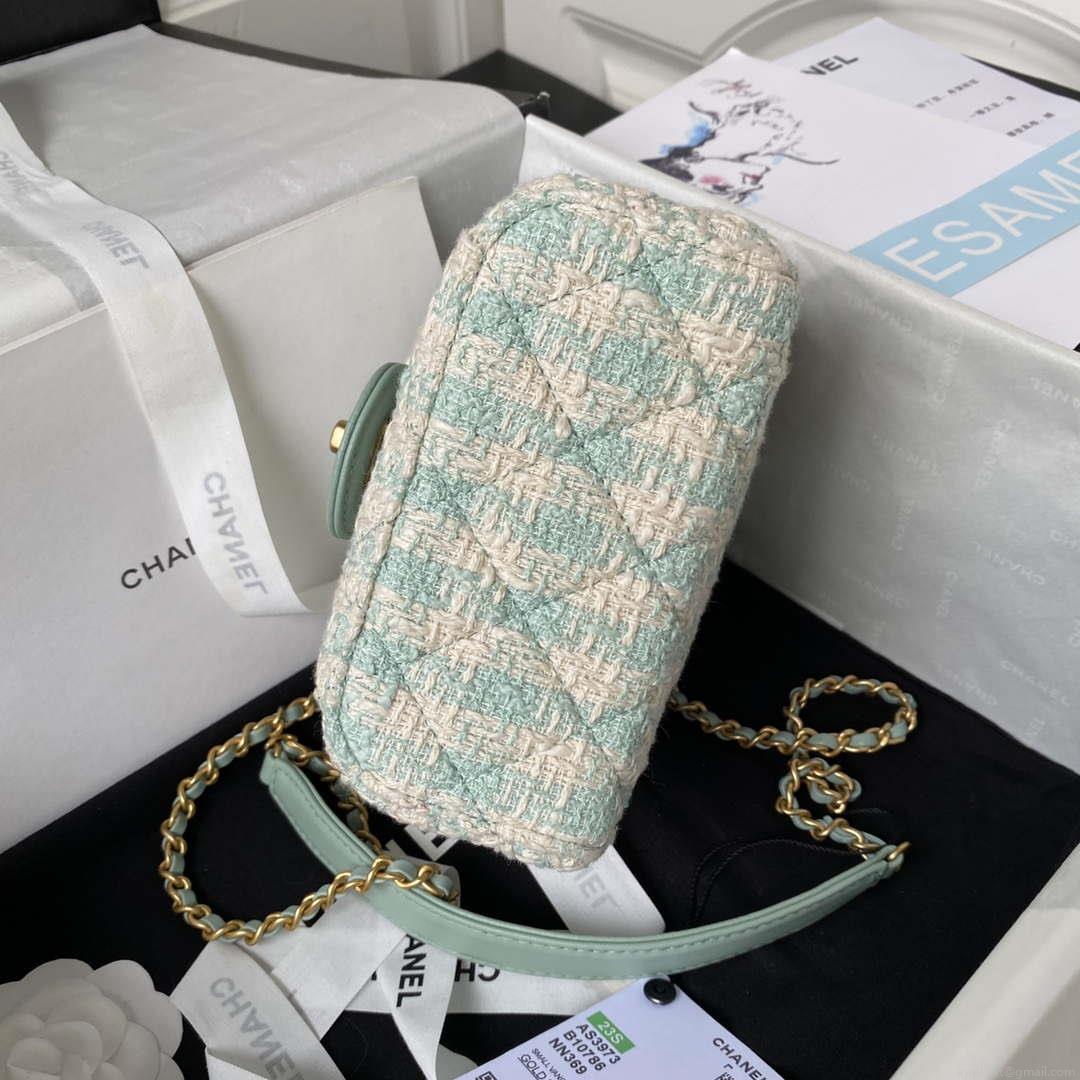 Chanel AS3973 Small Vanity Case Tweed Lambskin & Gold Metal Green & White