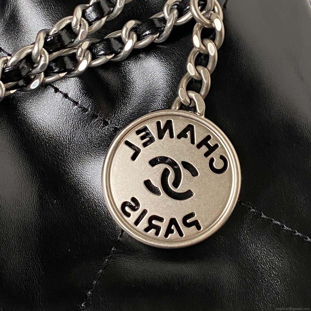 Chanel AS3980 22 Mini Handbag Shiny Calfskin & Silver-Tone Metal Black