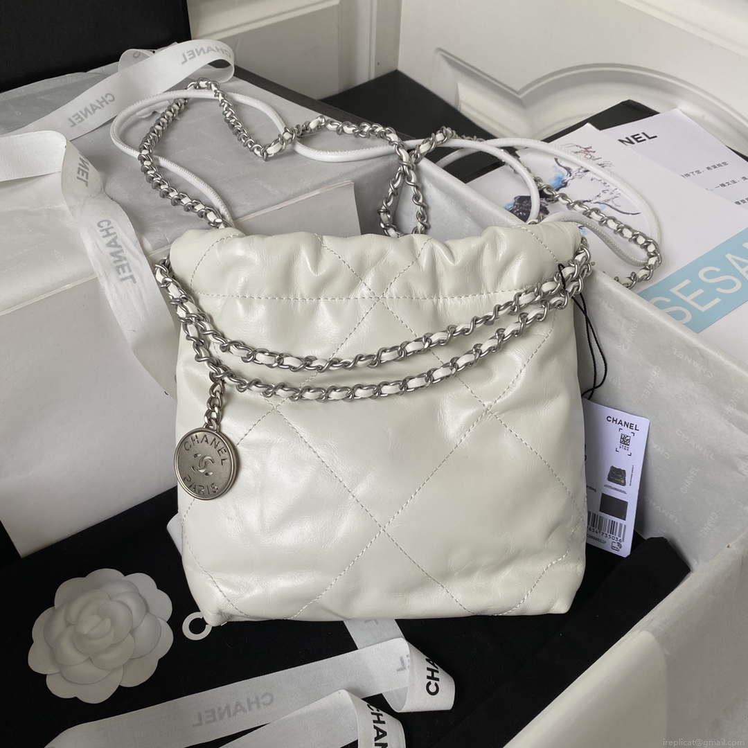 Chanel AS3980 22 Mini Handbag Shiny Calfskin & Silver-Tone Metal White