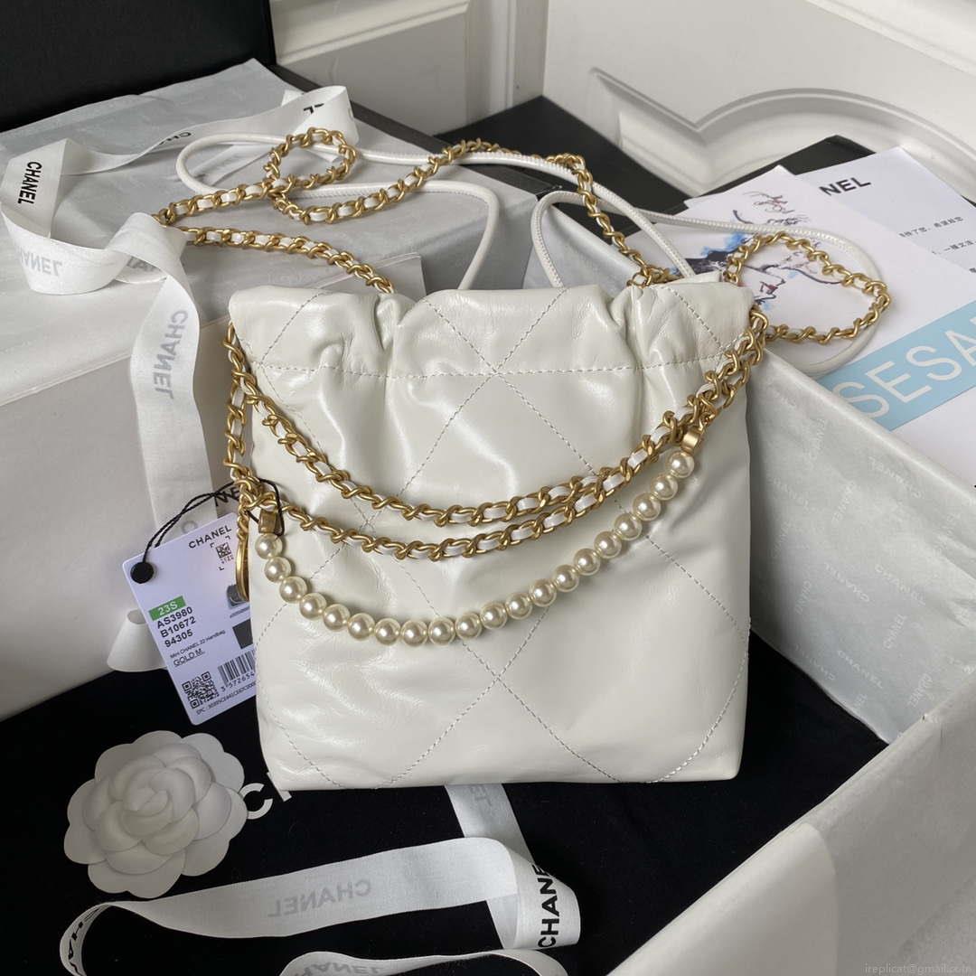Chanel AS3980 22 Mini Handbag Shiny Calfskin & Gold-Tone Metal White