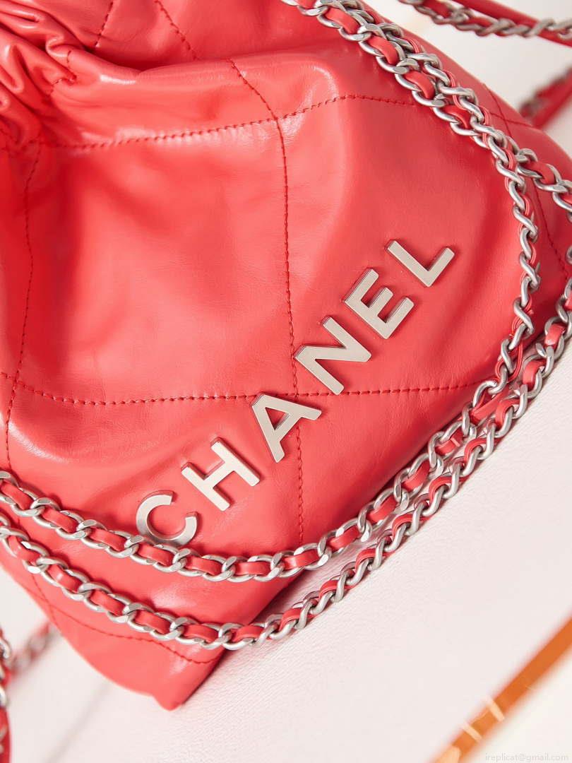 Chanel 22 AS3980 Mini Handbag Shiny Calfskin & Silver-Tone Metal Red