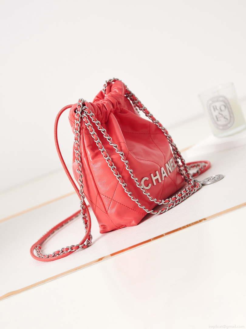 Chanel 22 AS3980 Mini Handbag Shiny Calfskin & Silver-Tone Metal Red
