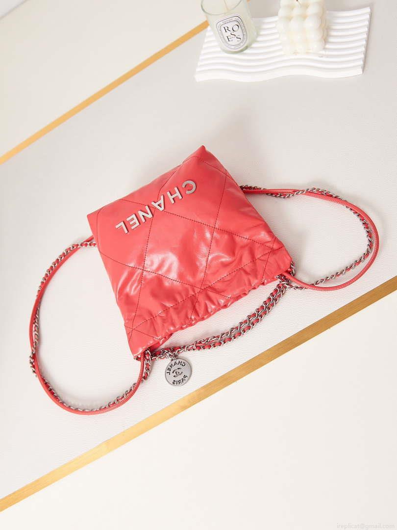 Chanel 22 AS3980 Mini Handbag Shiny Calfskin & Silver-Tone Metal Red
