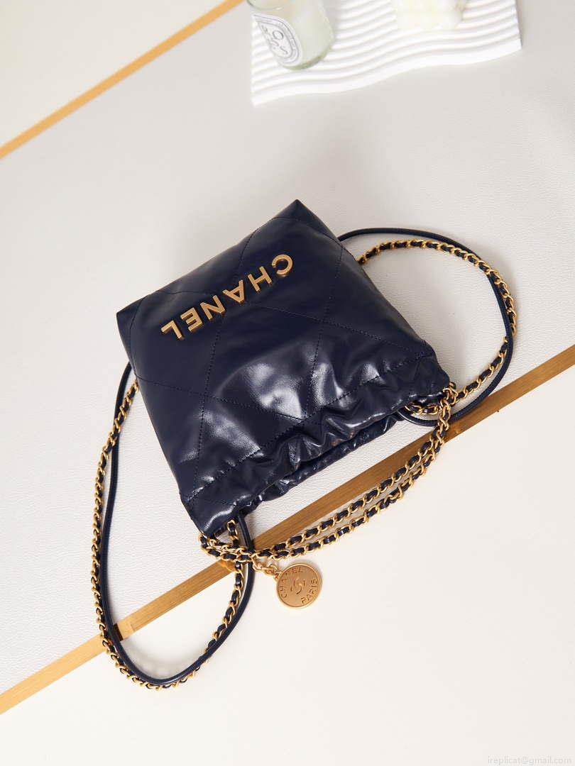 Chanel 22 Mini Handbag AS3980 Shiny Calfskin & Gold-Tone Metal Royal blue