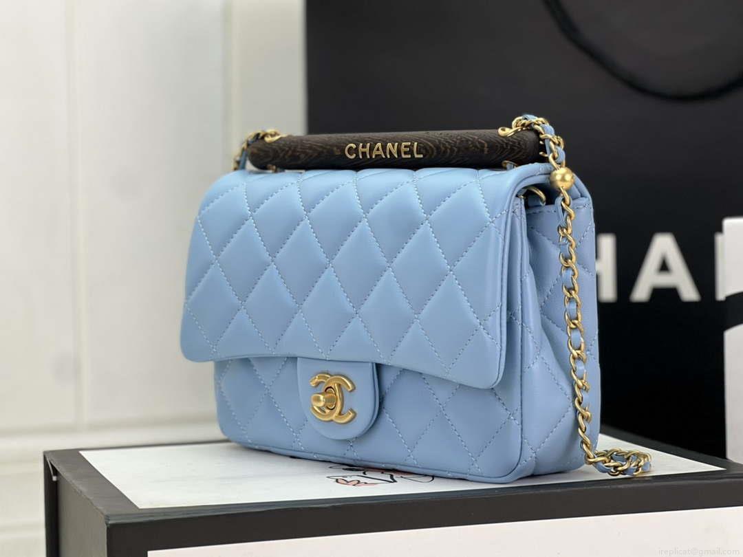 Chanel AS4151 Small Flap Bag With Top Handle Lambskin & Wenge Wood Blue