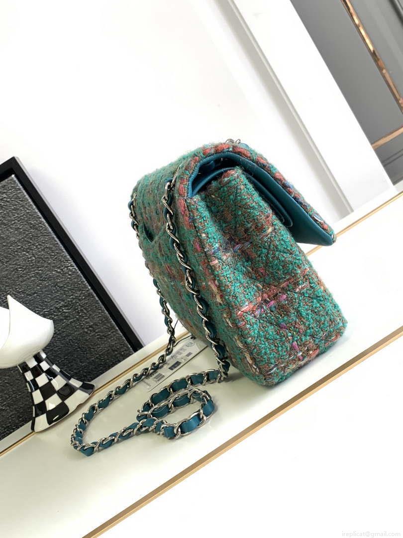 Chanel A01112 Flap Classic Handbag Tweed & Silver-Tone Metal Green