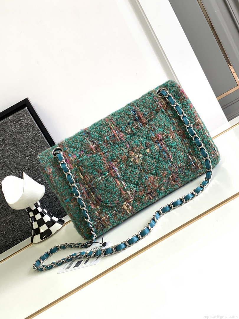 Chanel A01112 Flap Classic Handbag Tweed & Silver-Tone Metal Green