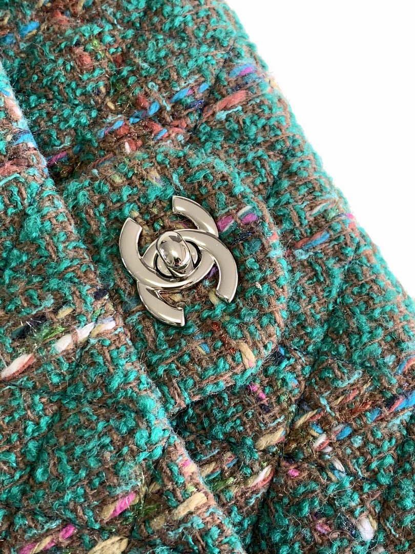 Chanel A01112 Flap Classic Handbag Tweed & Silver-Tone Metal Green