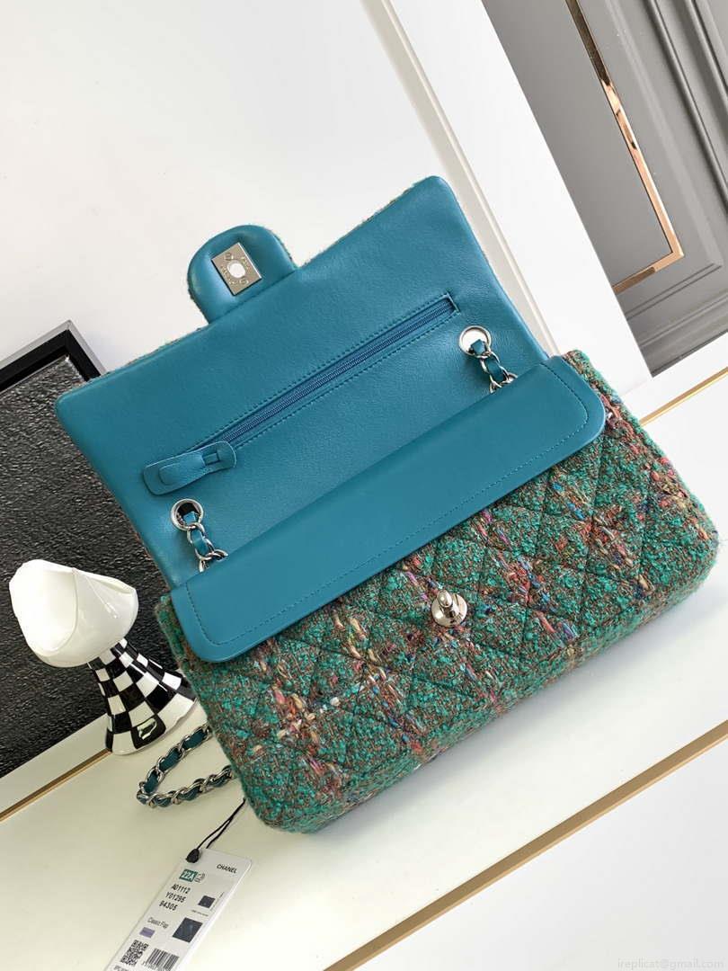 Chanel A01112 Flap Classic Handbag Tweed & Silver-Tone Metal Green