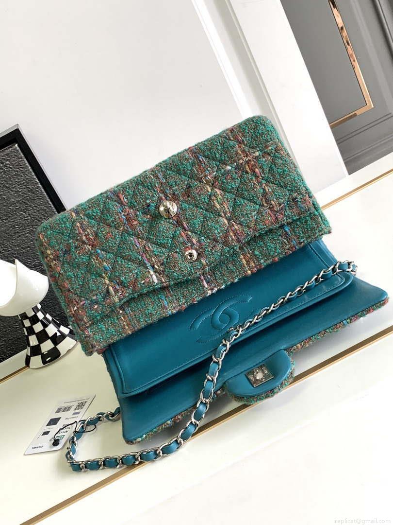Chanel A01112 Flap Classic Handbag Tweed & Silver-Tone Metal Green