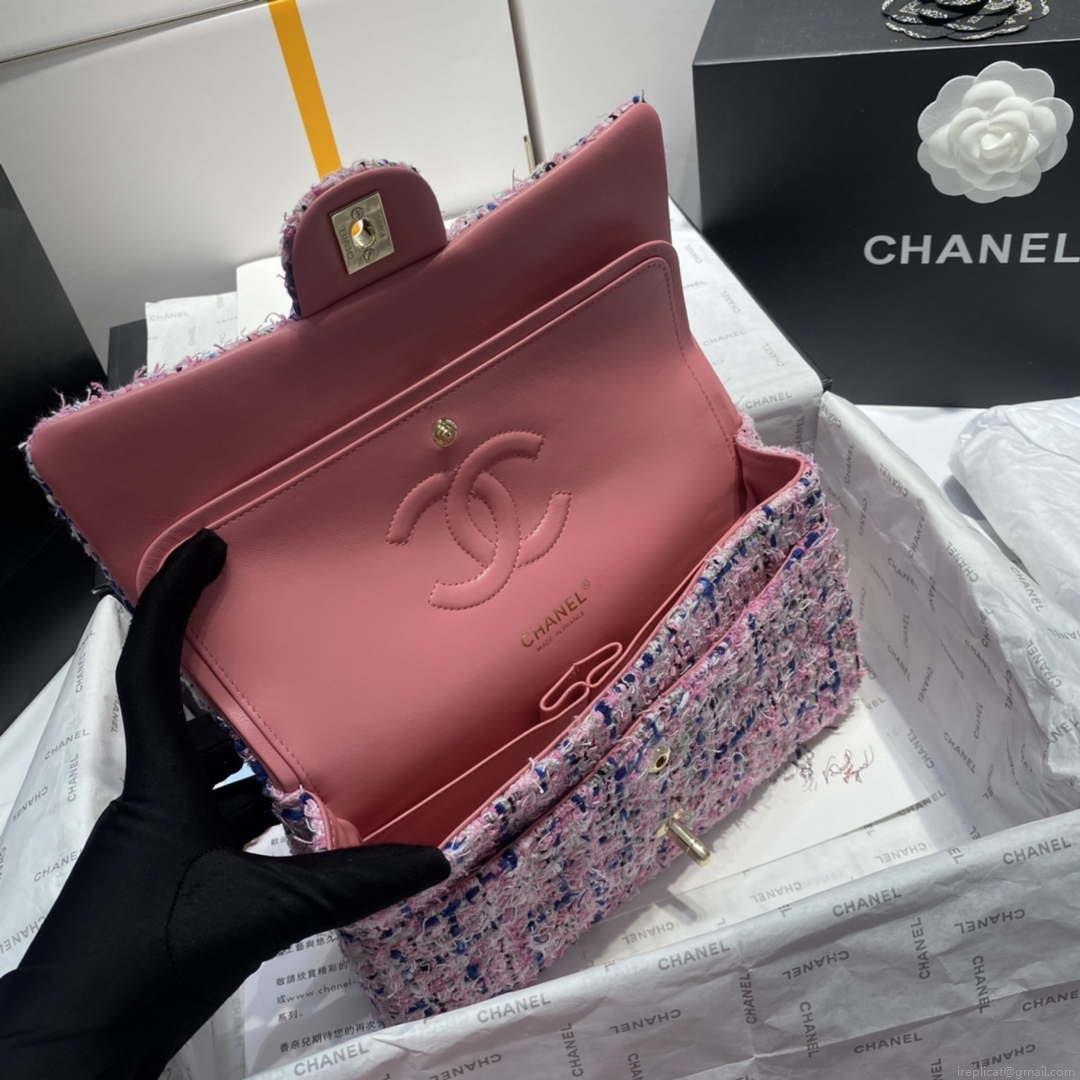 Chanel A01112 Flap Classic Handbag Tweed & Gold-Tone Metal Pink